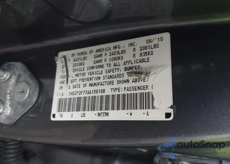 2010 Honda Accord 2.4 Ex from USA, damaged, VIN 1HGCP2F77AA156168
